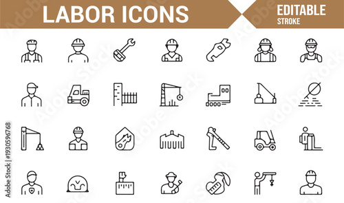 Industrial Worker and Machinery Line Icon Set for Web Design