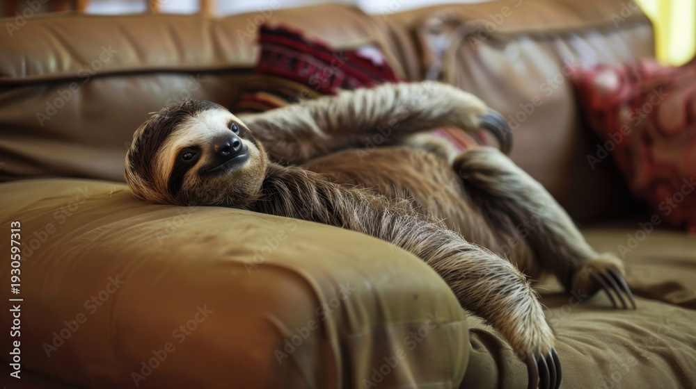 Fototapeta premium A sloth resting comfortably on a brown leather couch. The sloth has a relaxed posture, with its limbs stretched out and eyes half-closed.