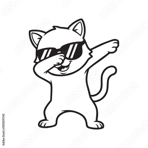 Dabbing Cat Vector Illustration. Funny cool kitten wearing sunglasses doing the dab dance move. Black and white outline cartoon character isolated on white background for coloring book.
