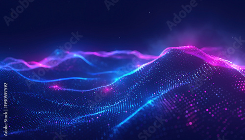 Digital background perfect for tech processes, Abstract digital landscape, showcasing flowing, vibrant waves of light and color, evokes a sense of futuristic landscapes.