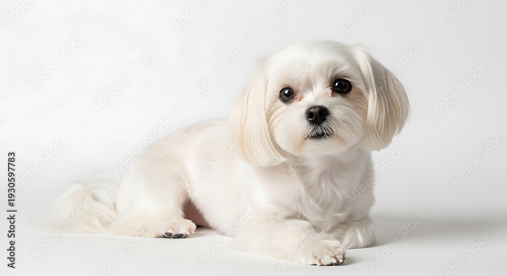 Fototapeta premium Cute Maltese dog lying down in a clean studio setting