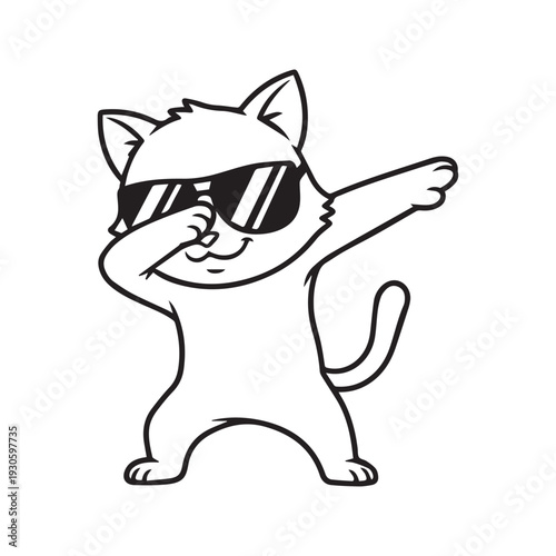 Dabbing Cat Vector Illustration. Funny cool kitten wearing sunglasses doing the dab dance move. Black and white outline cartoon character isolated on white background for coloring book.

