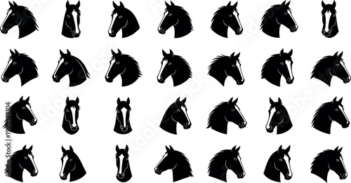 Collection of horse head silhouettes in various angles and positions