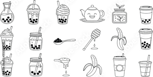 Hand drawn bubble tea line art vector set featuring boba milk tea cups, pearl toppings, honey, banana, and cute teapot icons