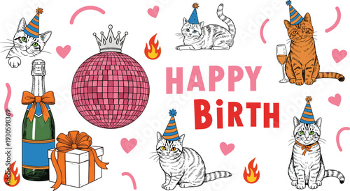 Happy birthday celebration elements with cute kittens wearing party hats, disco ball, champagne, and gifts for festive greeting card background