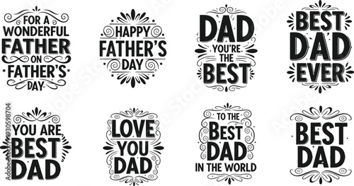 Happy Father's Day lettering set with best dad ever quotes and decorative floral frames for greeting cards and gift design, cad drawing flat vector illustration