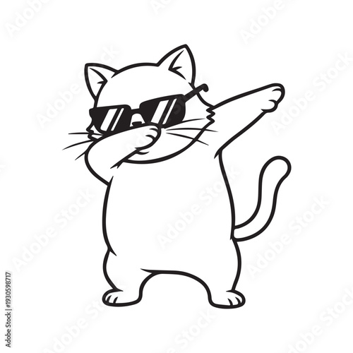 Dabbing Cat Vector Illustration. Funny cool kitten wearing sunglasses doing the dab dance move. Black and white outline cartoon character isolated on white background for coloring book.
