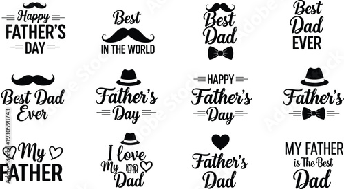 Happy Father's Day lettering set with best dad ever quotes, mustache, hat and bow tie for greeting cards and gifts, cad drawing flat vector illustration