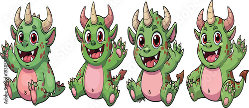 Cartoon green monsters with pink bellies, cheerful fantasy characters in playful poses, cute creature illustration for games, design, storytelling and creative projects