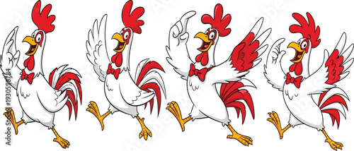 Cartoon roosters in animated dancing poses with red bow ties, lively poultry character illustration for celebration, entertainment, mascot design and creative projects