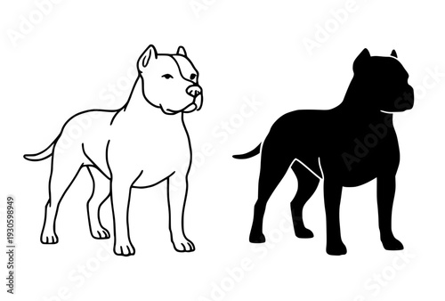Dog icon, vector illustration of american pitbull terrier, black and white in outline and silhouette design style
