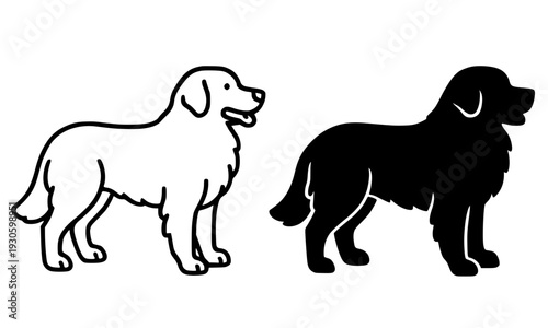 Dog icon, vector illustration of bernese mountain dog, black and white in outline and silhouette design style