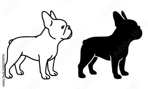 Dog icon, vector illustration of french bulldog, black and white in outline and silhouette design style