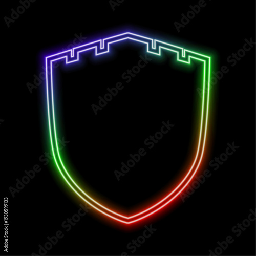 Outline neon password check icon. Glowing neon password input with shield sign, safe login in user account. Strong password and protection guarantee, secure account access in profile. Vector icon set