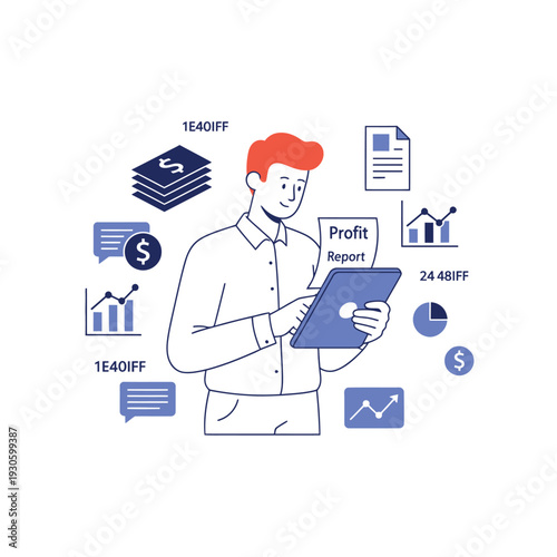 Man Analyzing Financial Data on Tablet with Business Icons.