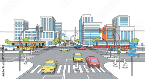 City Street with Cars and Buildings.