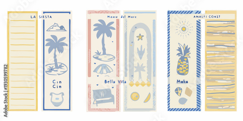 Four illustrated beach towels with coastal and tropical themed designs