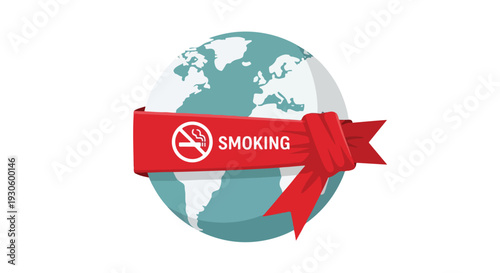 Graphic illustration of a globe with a red no smoking symbol wrapped around it on a white background.