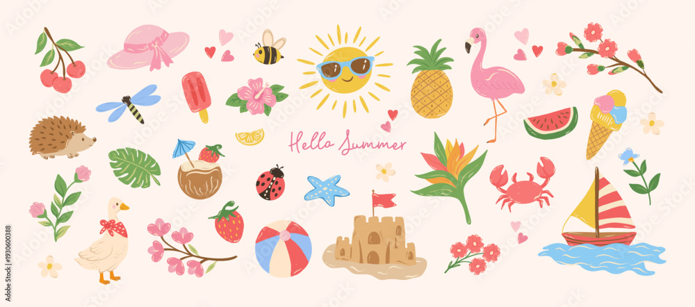 Fototapeta premium Cute summer stickers elements. Hand drawn flowers, crab, starfish, beach, boat, flamingo, ice cream, sun. Vector flat illustration.