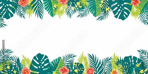 Tropical leaves and flowers create a vibrant decorative border design