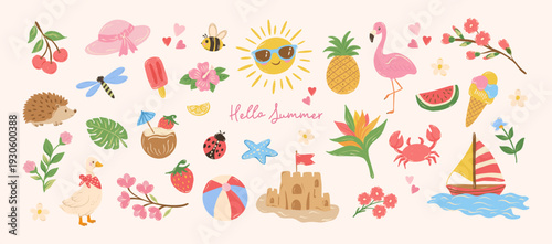 Cute summer stickers elements. Hand drawn flowers, crab, starfish, beach, boat, flamingo, ice cream, sun. Vector flat illustration.