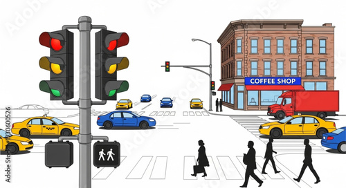 City Street Traffic Scene with Pedestrians.