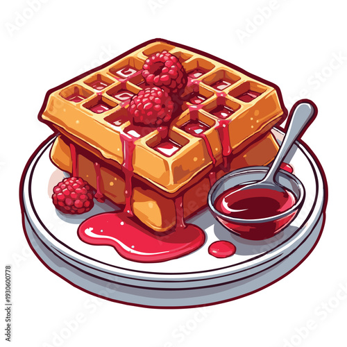 Irresistible stack of golden waffles, generously adorned with fresh red raspberries and a glistening sweet berry syrup, creating a delightful breakfast or dessert treat