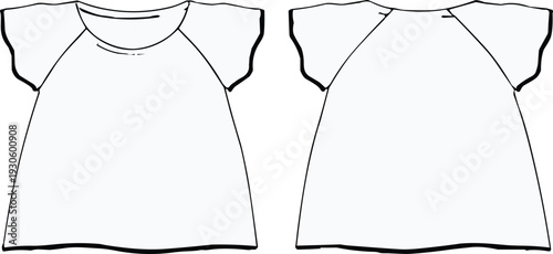Fashion garment technical flat sketch, raglan sleeve dress front and back view, vector illustration, apparel design CAD drawing template
