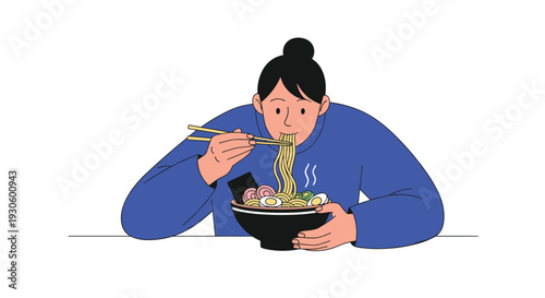A simple hand-drawn illustration of a person with their hair in a bun, happily eating a large bowl of Japanese ramen with chopsticks.