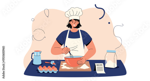 A happy woman wearing a chef's hat and apron whisks ingredients in a bowl while following a recipe, surrounded by eggs, flour, and milk.