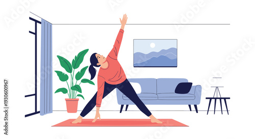 A woman practicing the triangle yoga pose (Trikonasana) on a red mat in her cozy living room, promoting a healthy and active lifestyle at home.