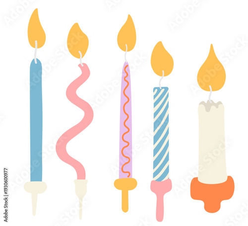 birthday candles set in doodle style in vector. Elements for sticker decoration design mail posts postcards poster print invitation