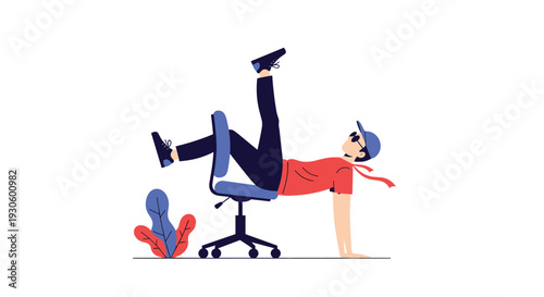 A creative and funny illustration of a man in a cap and sunglasses doing a workout exercise using his blue office chair for support.