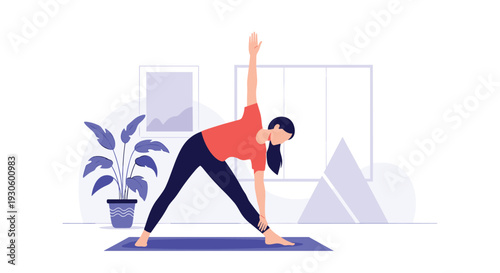 A minimalist flat design illustration of a woman in a red shirt performing the triangle yoga pose (Trikonasana) on a purple mat indoors.