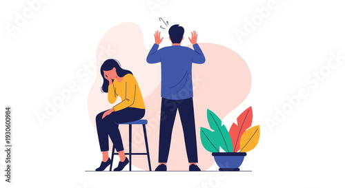 An illustration depicting a relationship conflict, with a sad woman sitting on a stool while a frustrated man stands behind her with his hands raised.