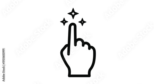 A clean black and white line icon of a hand with the index finger pointing upwards, with three small sparkles indicating a click, magic, or a new idea.