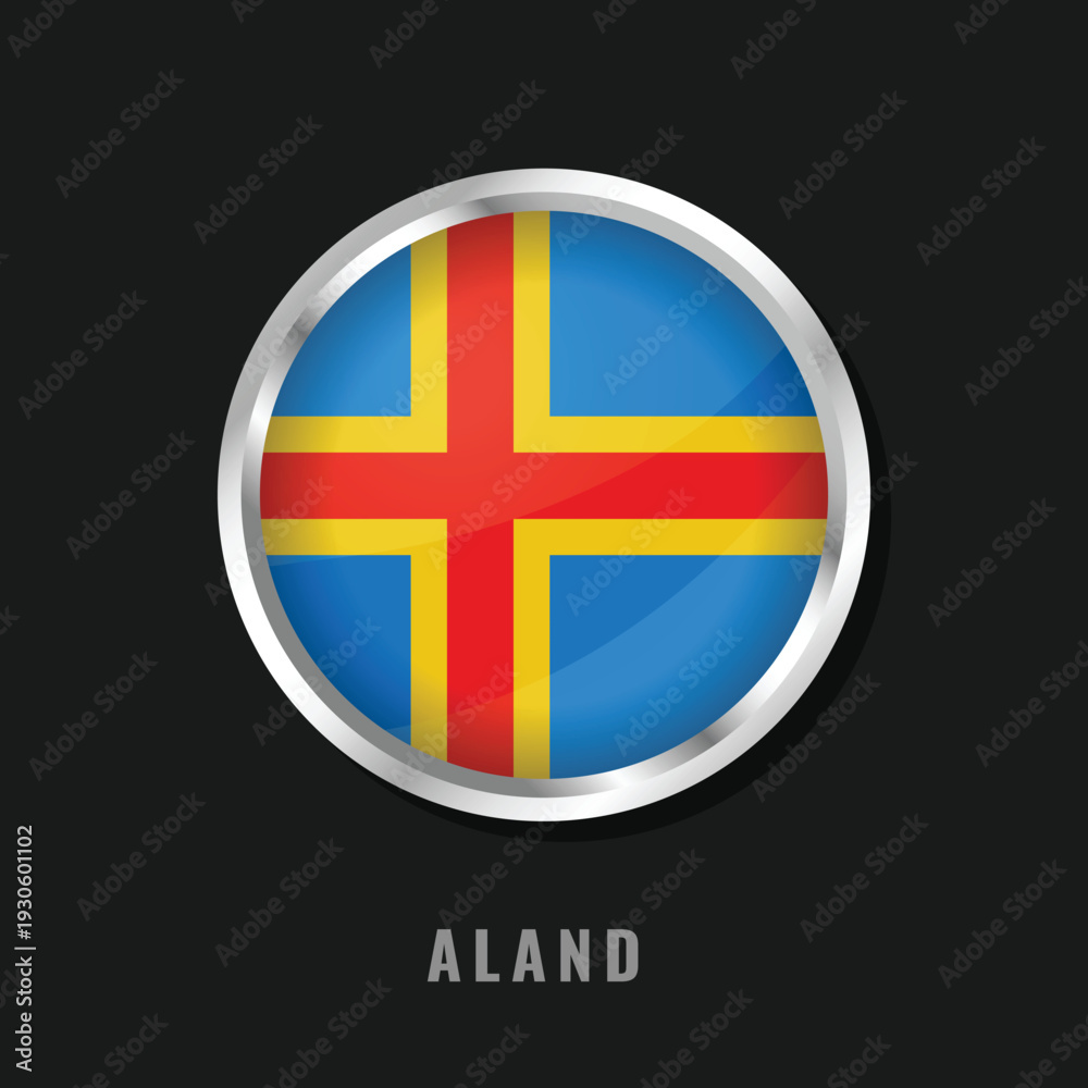 Obraz premium Circular glossy flag of Aland Islands with a silver frame. Features the blue field with a yellow and red Nordic cross, representing the autonomous Finnish region's Swedish heritage