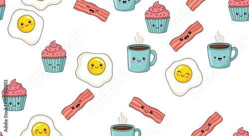 Seamless pattern of cute kawaii breakfast food characters including smiling fried eggs, bacon strips, coffee mugs, and cupcakes.