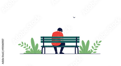Lonely man seen from the back sitting by himself on a green park bench surrounded by plants, feeling sad and isolated.