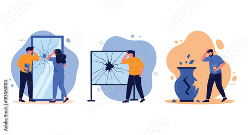 A set of illustrations showing distressed people reacting to broken items: a cracked mirror, a shattered screen, and a smashed vase.