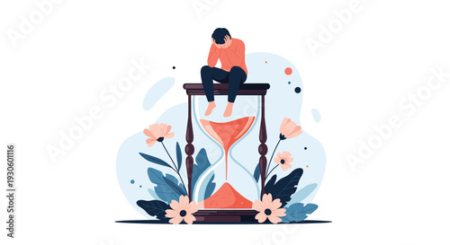 Depressed man sits atop a giant hourglass, feeling the pressure of passing time and deadlines in this conceptual illustration.