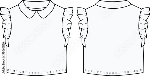 Sleeveless top technical flat sketch, Peter Pan collar with ruffled armholes front and back view, fashion garment vector CAD template