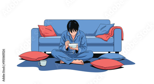 Lonely person in blue pajamas eats a meal from a bowl while sitting on the floor, depicting sadness and isolation at home.
