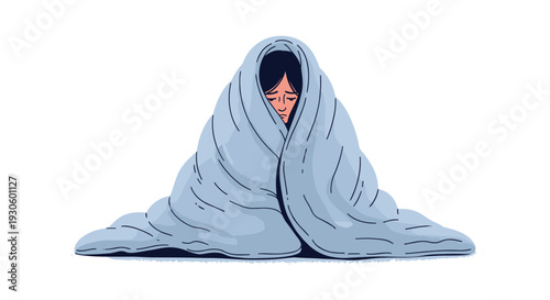 Depressed and lonely person sitting huddled under a large blue blanket for comfort, feeling sad, isolated, and overwhelmed.
