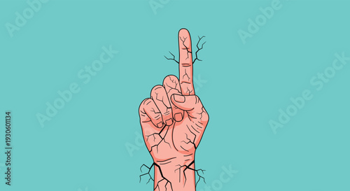 Cracked and fragile hand pointing upwards with the index finger, symbolizing resilience, determination, and strength despite damage.