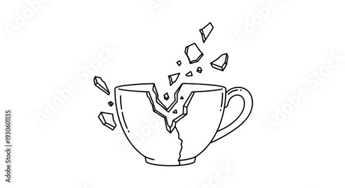 Simple black and white line art drawing of a teacup shattering into many small pieces, symbolizing fragility and being broken.