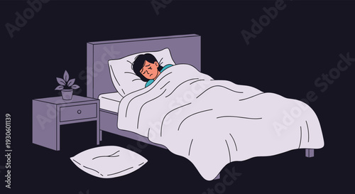 Anxious person with a troubled expression lies awake in bed at night, suffering from insomnia and sleep deprivation problems.
