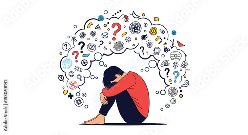 Anxious person curled in a ball is surrounded by a chaotic cloud of confusing thoughts, questions, and tangled symbols.