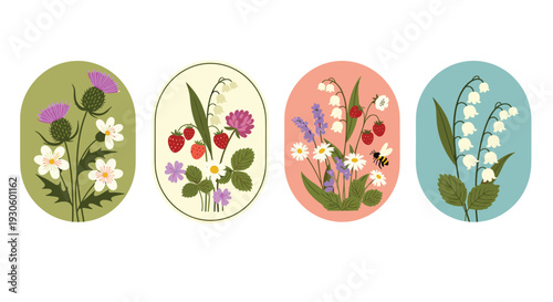 Set of four beautiful botanical illustrations in oval frames, featuring various wildflowers, berries, and insects in a charming style.