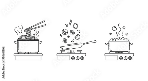 A set of three black and white line art icons depicting various cooking processes on a stove, including boiling and stir-frying.
